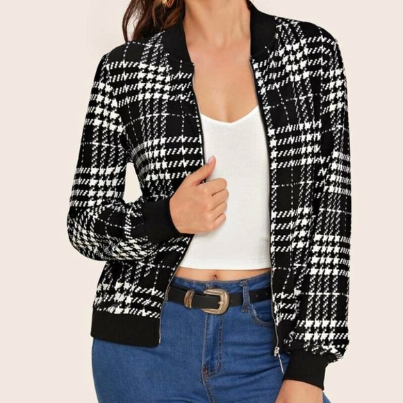 Jackets & Blazers - Plaid zip up bomber jacket black white preppy